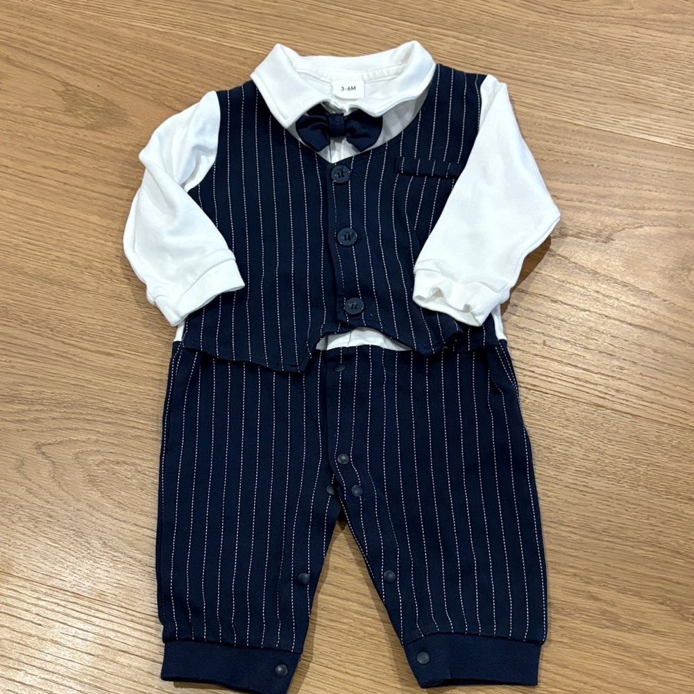 Navy Pinstripe Baby Suit with Bow Tie